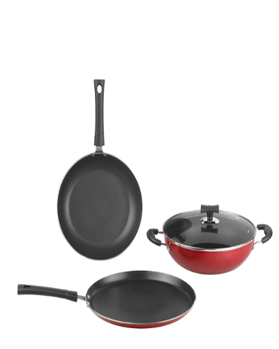 Vinod Popular Non-Stick 3 pcs Cookware Combo Set – Kadai with Lid 24cm Induction Bottom Non-Stick Coated Cookware Set (Aluminium, 3 – Piece) Image 1